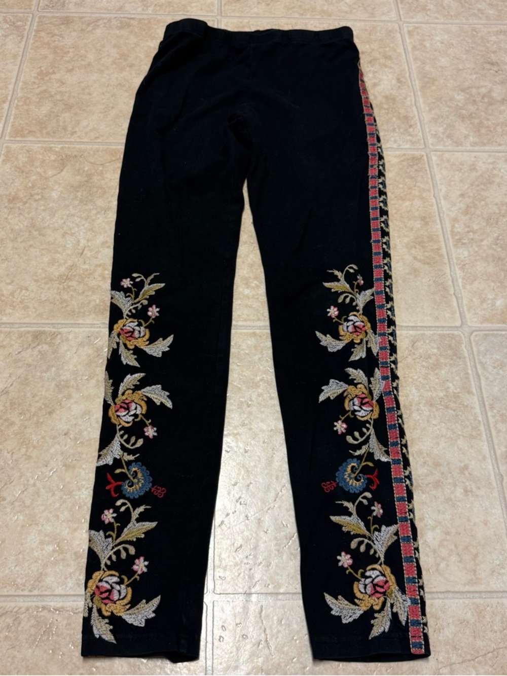Johnny Was Black Floral Embroidered Side Stripe Leggings Size Small